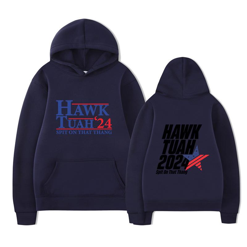 Hawk Tuah 2024 Hoodie – Unisex Black Fleece Lined Sweatshirt, "Spit On That Thang" Election Parody & USA Flag Graphic, Cozy Fall Winter Pullover