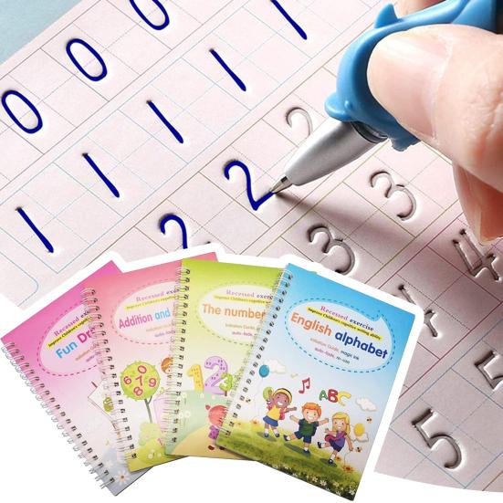 4Pcs/Set Grooved Copybook Handwriting Workbook Kit with Letters Numbers Tracing Reusable
