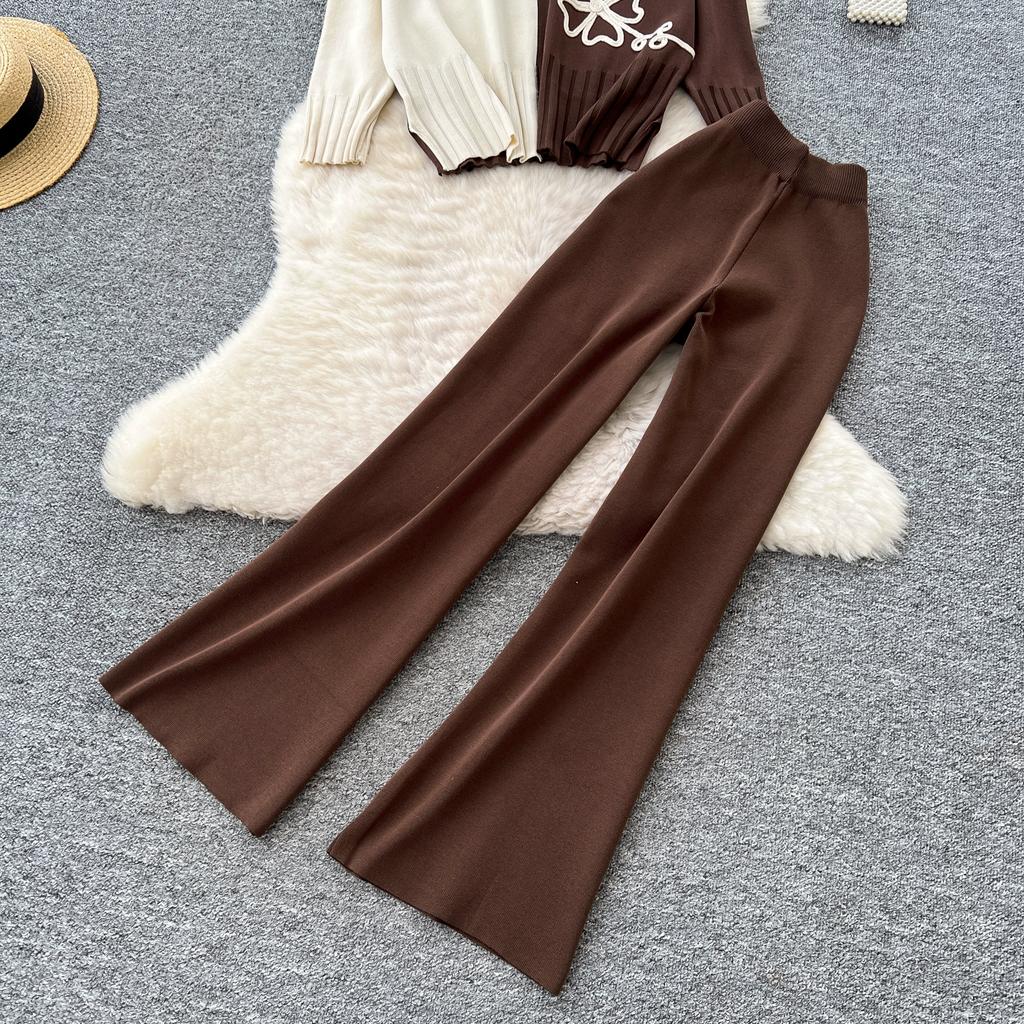 Autumn Winter Women Flower Pattern Knitted Sweater Trouser Two Piece Set O-neck Pullover Tops and Wide Leg Pant Tracksuit