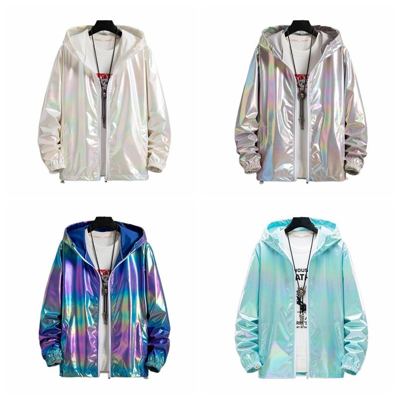 Unisex Shiny Jacket Laser Hooded Coat Iridescent Holographic Harajuku Sun Protect Top Plus Size