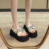 Rhinestone Chain Slippers Women's Outer Wear Summer New Small Cross Thick-bottomed Muffin One-word Cool Slippers