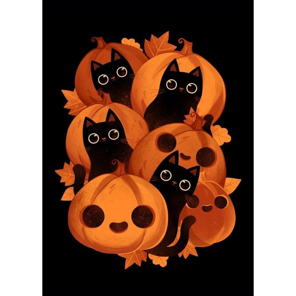 A Classic Vintage Wall Art Pumpkin Black Cat Ghost Painter Halloween Night, Printed Poster, Home Living Room Bedroom Decoration