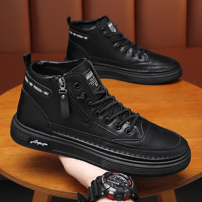Spring New Casual Flats Shoes for Men Fashion Comfortable Soft Leather Mid-top Sneakers Male Boots Side Zipper Plate Shoes Tenis