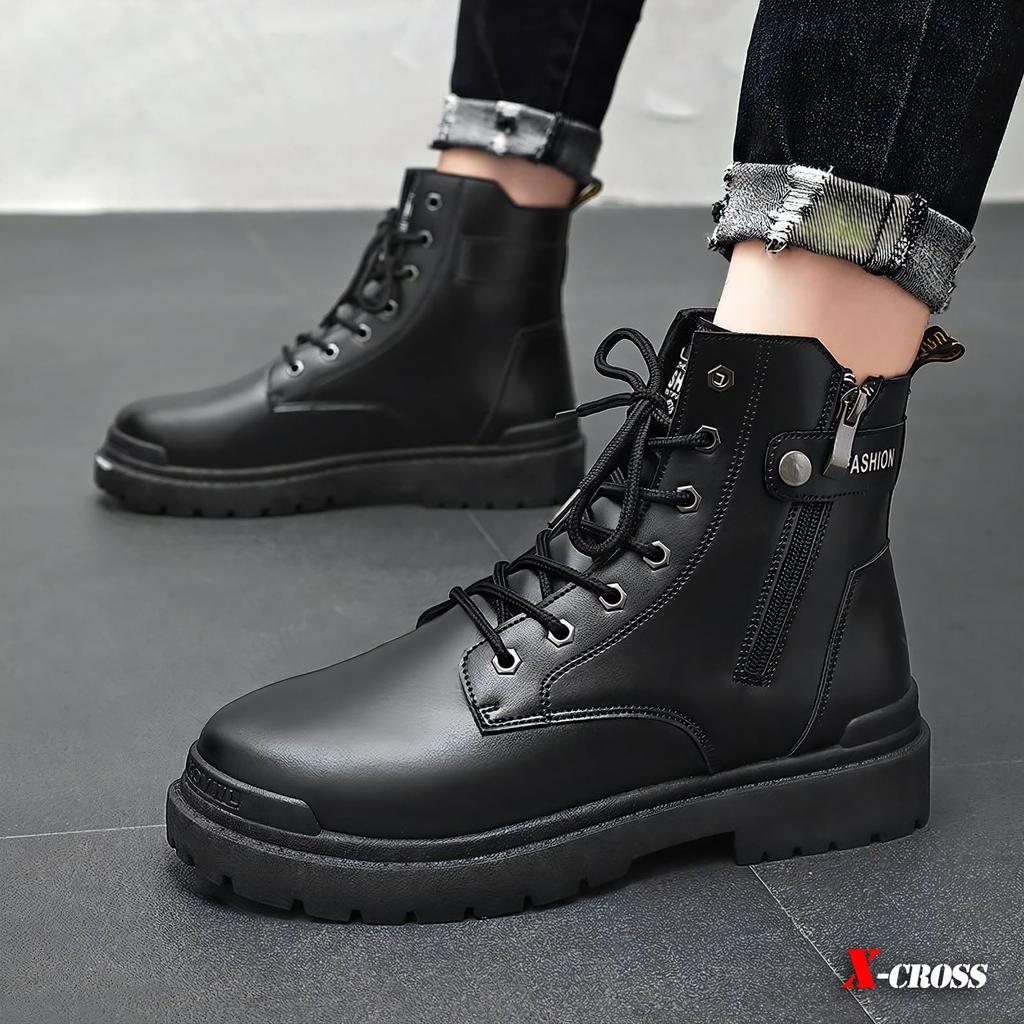 Cross Short Boots Black Side Zip Thick Sole Bike Lace Up Lace Up Side Zipper Business Military High Cut Easy To Wear Casual Boots Zip Side Zipper