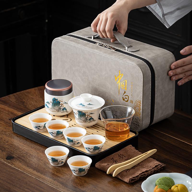 Travel Kung Fu Tea Set Tea Tray Complete Set Dehua White Porcelain Suet Jade Cover Bowl Set Light Luxury Business Companion