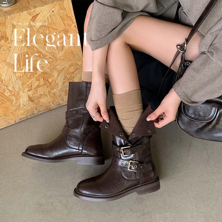 Spice Girl Wastestyle Belt Buckle Western Boots Women's Fold Pile Boots 2025 New Knight Boots Vintage Martin Boots