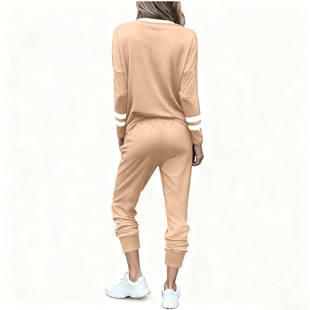 Женский модный свободный комплект из двух предметов: топ с длинным рукавом и круглым вырезом, на кулиске, в полоску, с цветными блоками, спортивный повседневный и брюки