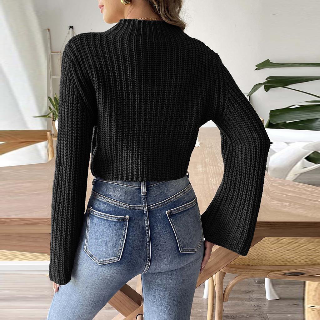 Women's Autumn And Winter Short Knitted Sweater With Flared Sleeves And A Half High Collar Pullover Sweater