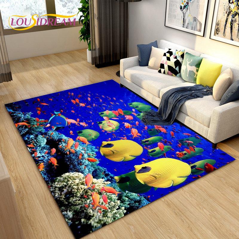 Подводный мир Морское дно Рыба Дельфин Коврик Большой, Коврик для гостиной Спальня Диван Коврик Кухня, Нескользящий напольный коврик