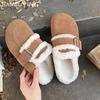 Fur Flats Women Cotton Slipper Suede Short Plush Buckle Mules Shoes 2025 Trend Warm Snow Boots Cozy Home Winter Mujer Zapatillas