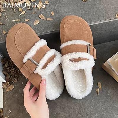 Меховые балетки женские хлопковые тапочки замшевые короткие плюшевые пряжки мюли обувь 2025 тренд теплые зимние сапоги уютные домашние зимние женские сапоги