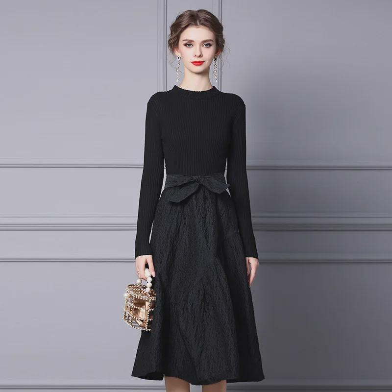 Zhili Women's Black Knitted Sweater Dress - Spring 2025 Collection, Mid-Length, Long-Sleeved