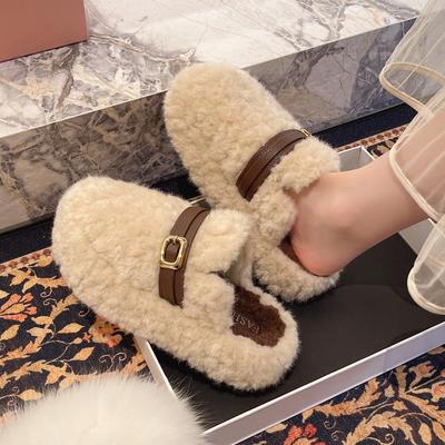 Зимние новые двухсторонние пушистые туфли женские на толстой подошве с пряжкой-ремнем бархатные теплые хлопковые туфли на одном педале женский тренд