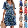 Summer Dresses For Women V Neck Ruffle Short Sleeve Casual Loose Printing Dress Beach Dress With Pockets