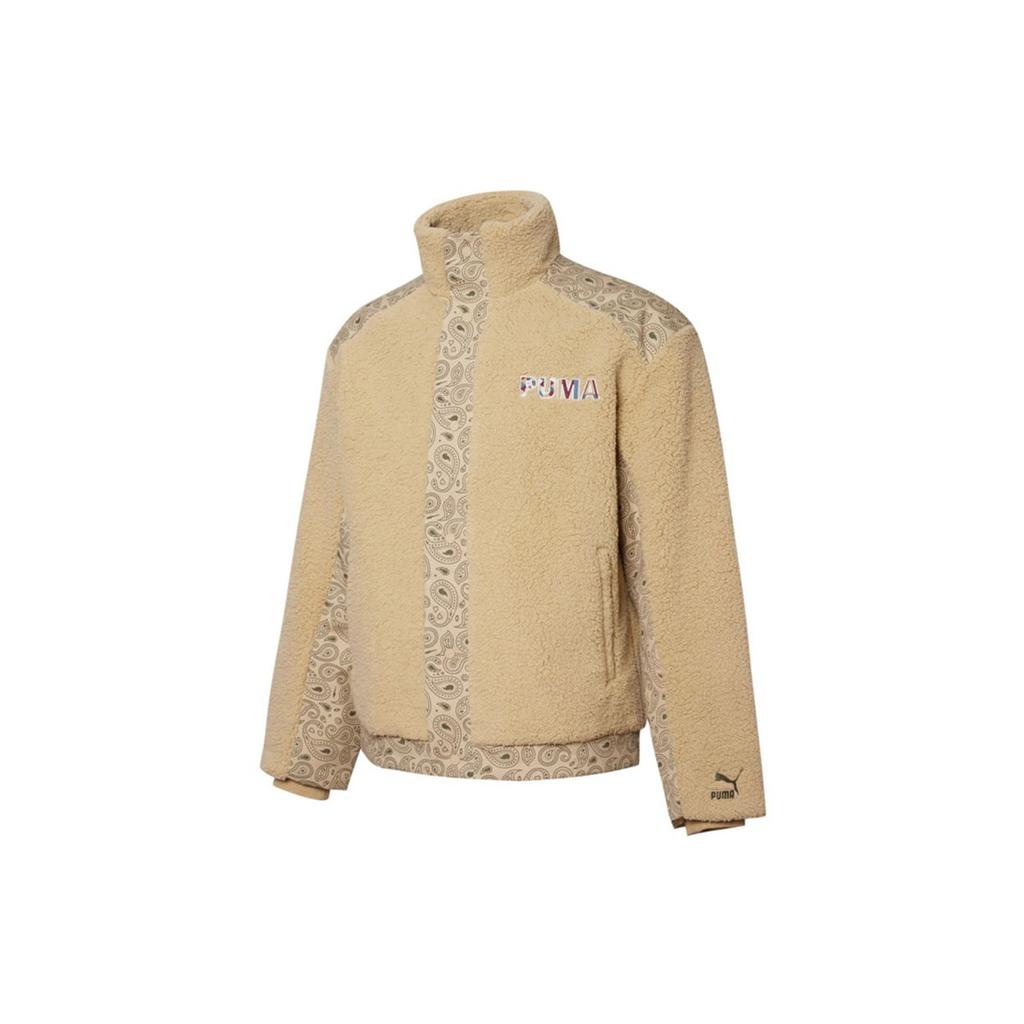 Puma Cashew Flower Patchwork Faux Shearling Warm Logo Jacket Men Jacket Khaki 534976-12