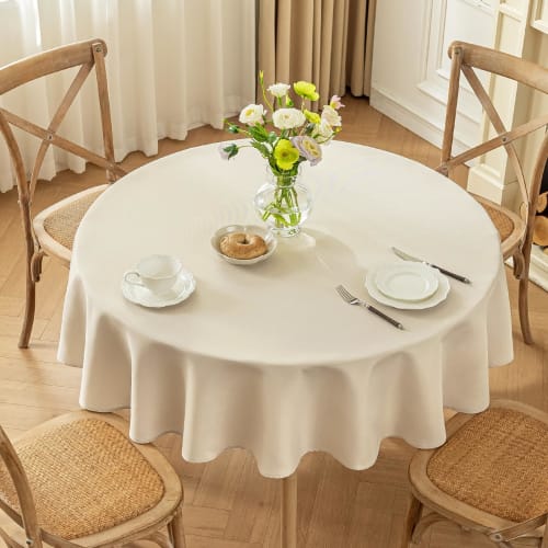 AooHome Round Tablecloth, Water-Repellent, Nordic Style, Solid Color, Rectangular, Fabric, Simple, Polyester, Washable, 150cm Diameter (Beige)