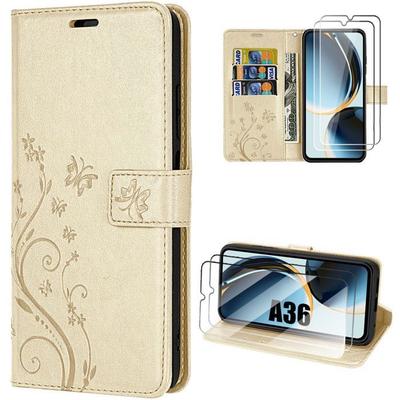 Чехол для Samsung Galaxy A36 5G - BOOLING - Противоударный Синтетическая кожа Цветочный рельеф Золотой - 2 Закаленных стекла