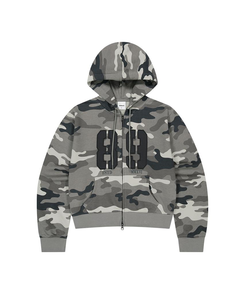 Mahagrid Camo Applique Crop Zip Up Hoodie Gray(Mg2Fffm493A)