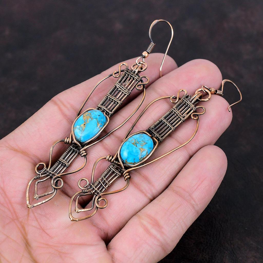 Медно-голубая бирюзовая серьга, медная проволочная обернутая серьга, драгоценный камень, медные украшения, серьги ручной работы, проволочная обертка, уникальные серьги для подарка