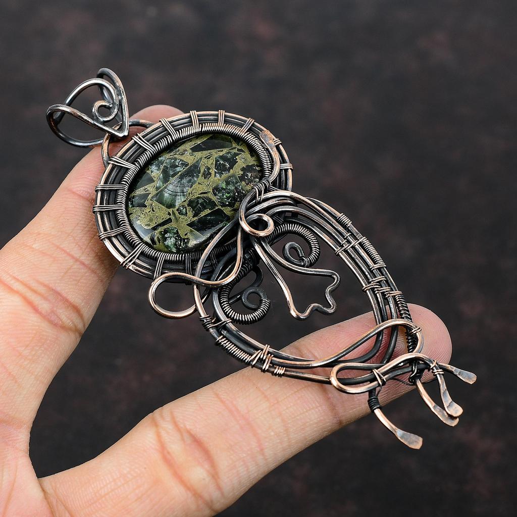 Медный кулон с серафинитом Кулон, обмотанный медной проволокой Кулон с драгоценным камнем Дизайнерский кулон из медной проволоки для подарка Украшения ручной работы