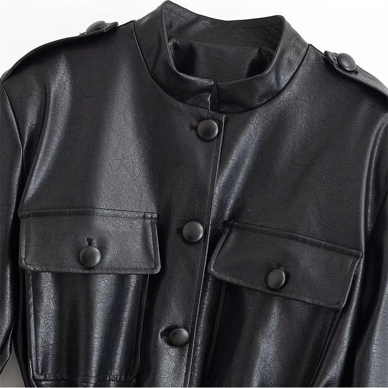 Womens PU Leather Jacket Stand Collar Single Breasted Slim Fit Belted Fall Winter Fashion Casual Top