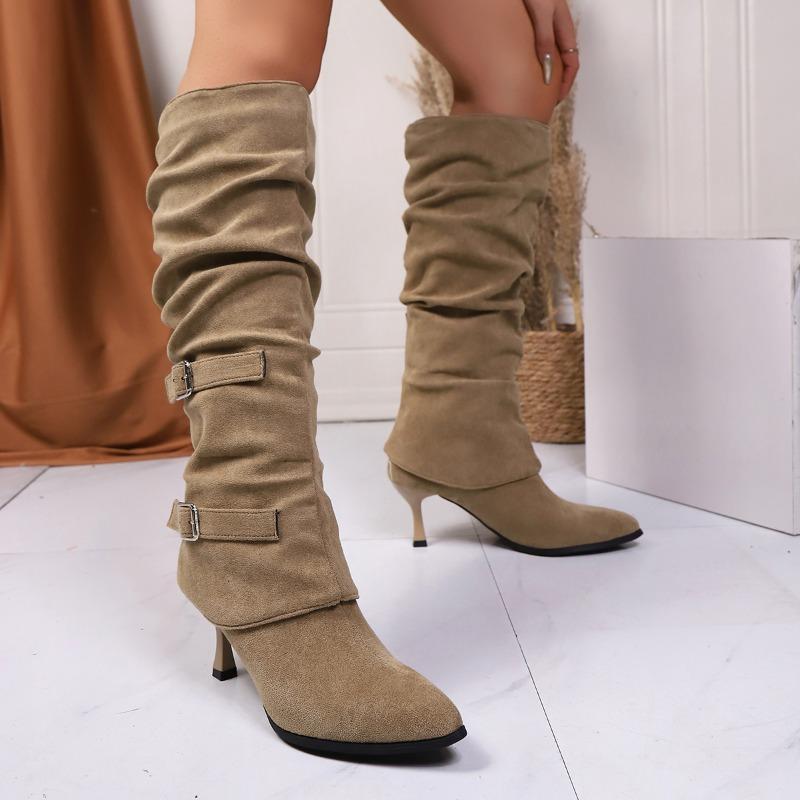 Мода 2025 Уличный стиль Остроносые Сапоги до колена Женские Высокие каблуки Женские Ретро Пряжка на ремне Плиссированные Модные Горячий товар Длинные сапоги