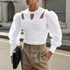 Men Cutout Long Sleeve Rumple Casual Skinny Tops T-shirts Undershirts