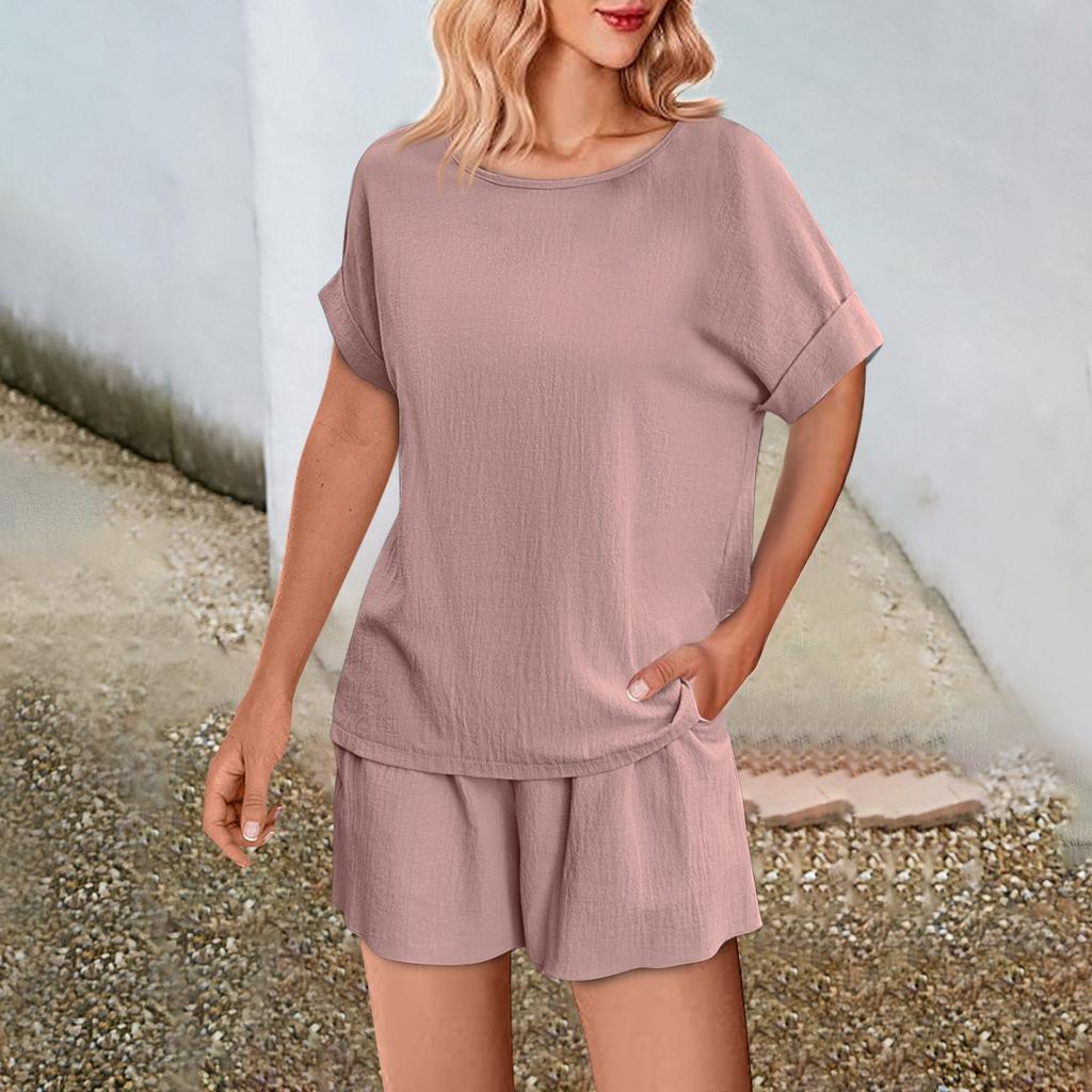 Women's Fashion Solid Color Casual Set Loose Round Neck Top Shorts Two Pieces