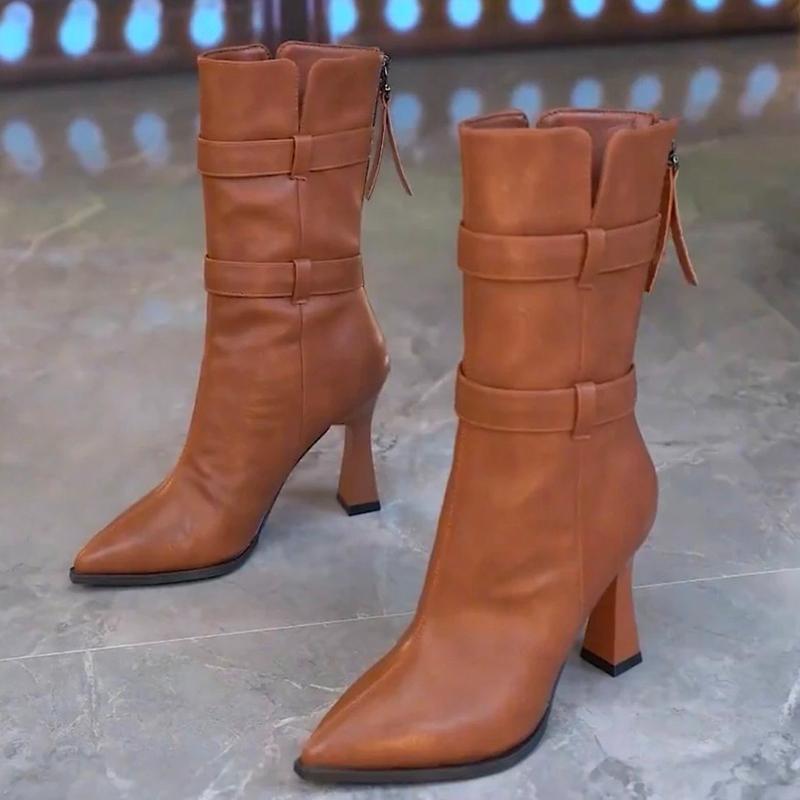 Pointed Toe Women Snow Mid Calf Boots Leather High Heels Shoes Elegant Woman 2025 Trend Pumps Winter New Mujer Chelsea Boots