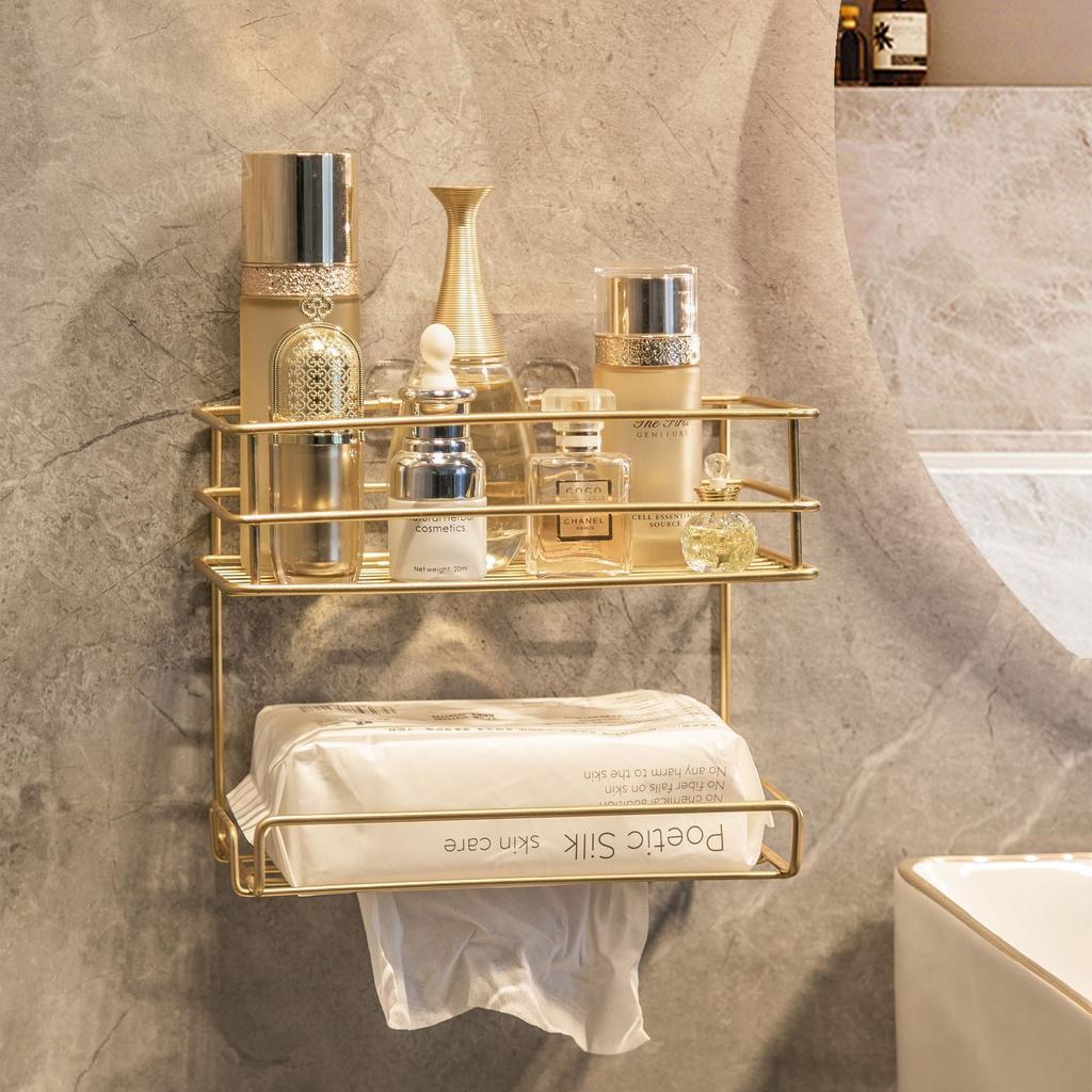 Главная Золотая ванная комната Полка без перфорации Полки Душевая Хранение Настенная стойка Роскошная туалетная бумага Косметические принадлежности Органайзер