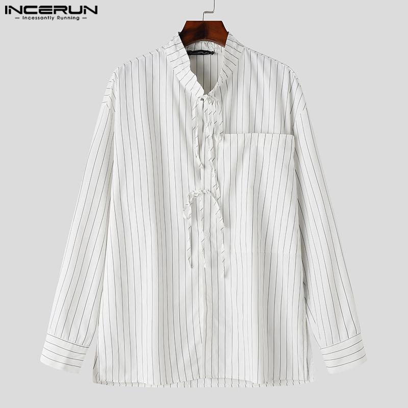 INCERUN Осенние мужские рубашки в полоску с длинным рукавом и воротником-стойкой, топы с повязками Bagge