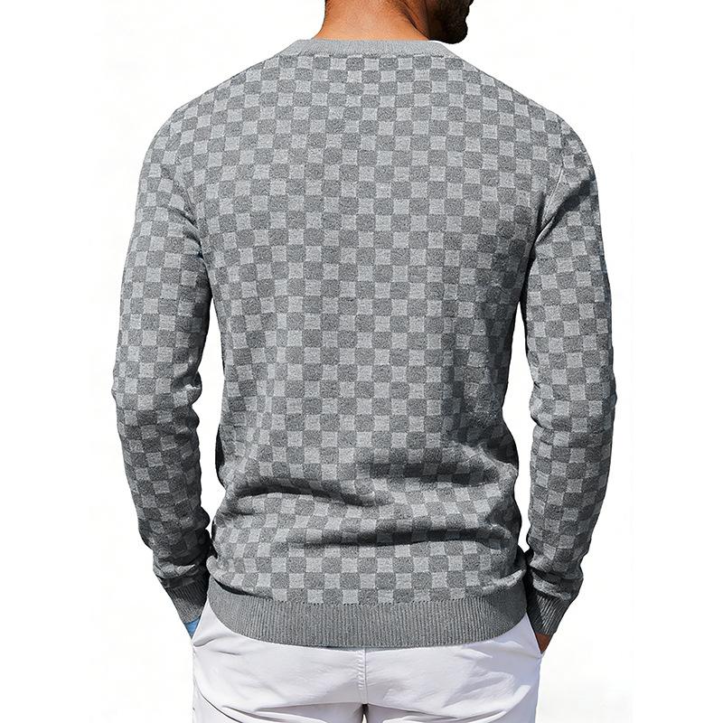 Mens American Heavyweight Loose Casual Checkerboard Jacquard Crew Neck Long Sleeve Sweatshirt