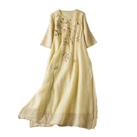 Женское хлопковое льняное платье макси с цветочной вышивкой, летнее струящееся платье с круглым вырезом и короткими рукавами, повседневный сарафан в стиле бохо