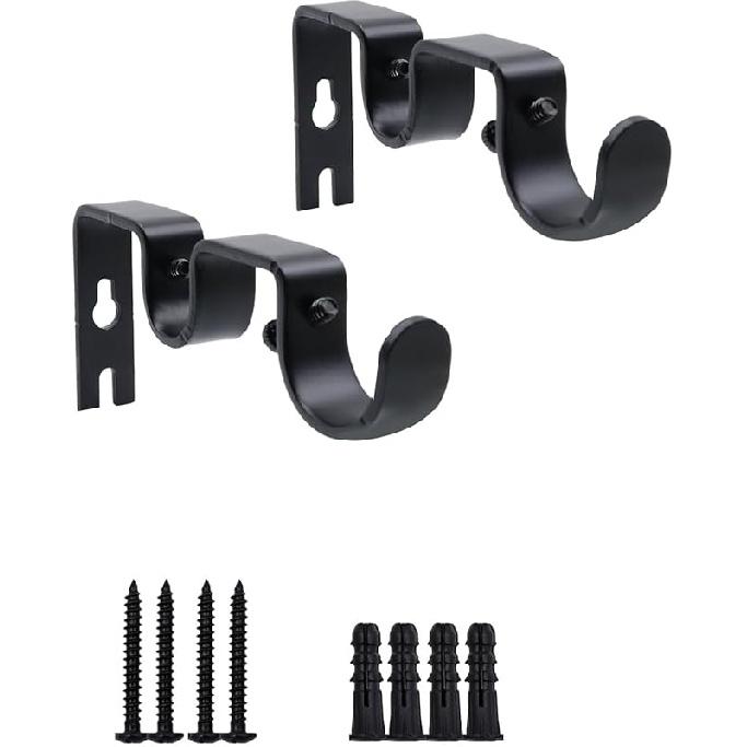 Double Curtain Rod Bracket 2 Pack Metal Curtain Rod Hooks for Wall,Sturdy Curtain Rod Bracket with Screws,Black Wall Mounted Curtain Rod Holders for