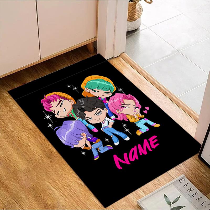 Custom Name KPop Cartoon Rug for Living Room, Game Rooms, Office, Bedroom, Floor Mat Playful Design, fan gifts Christmas decor