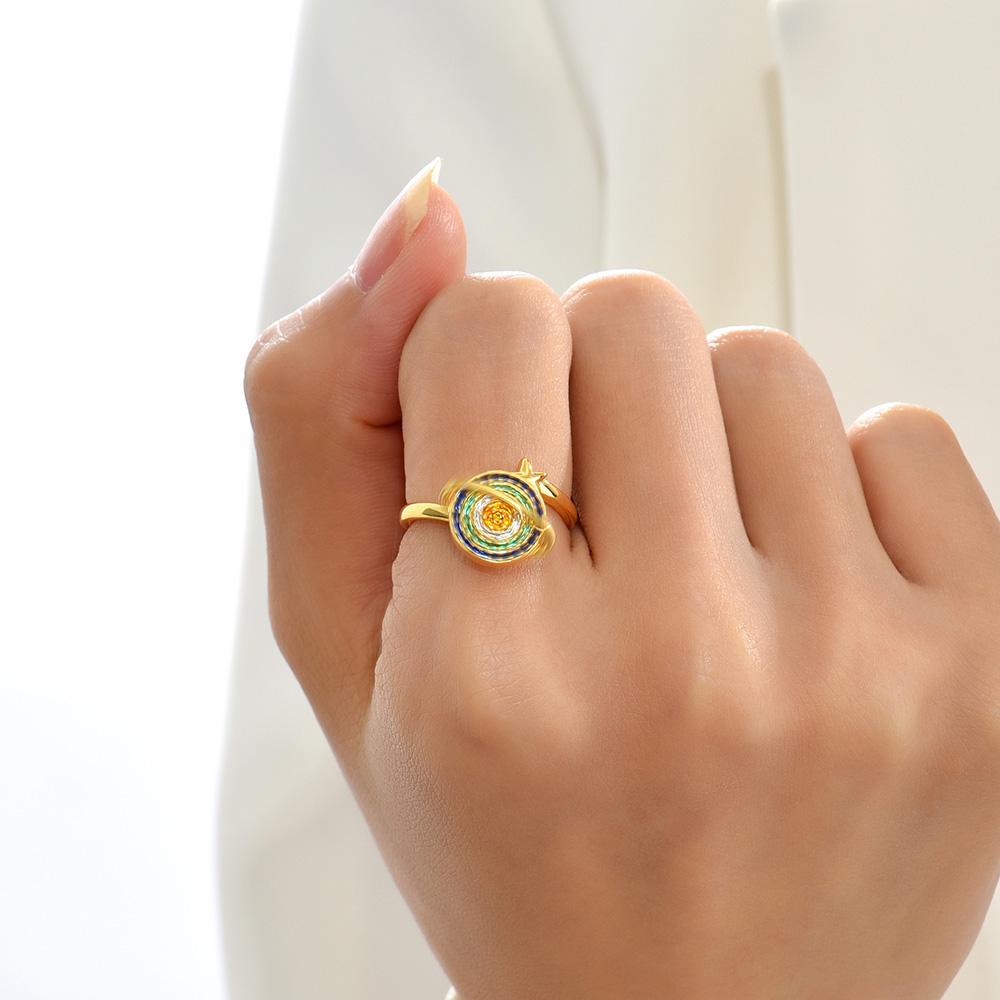 CZ Zircon Spinning Planet Anxiety Ring for Women Fidget Anti-stress Rotate Round Adjustable Open Rings Vintage Zircon Gift