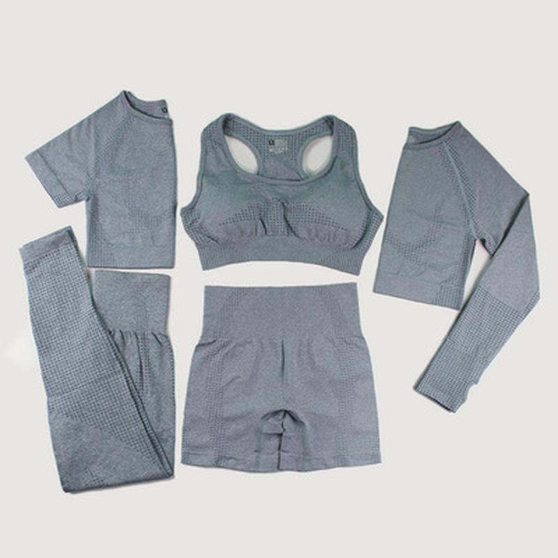 Бесшовный женский комплект для йоги, 3/5 шт., спортивная одежда для тренировок, одежда для спортзала, укороченный топ с длинными рукавами для фитнеса, леггинсы с высокой талией, спортивные костюмы