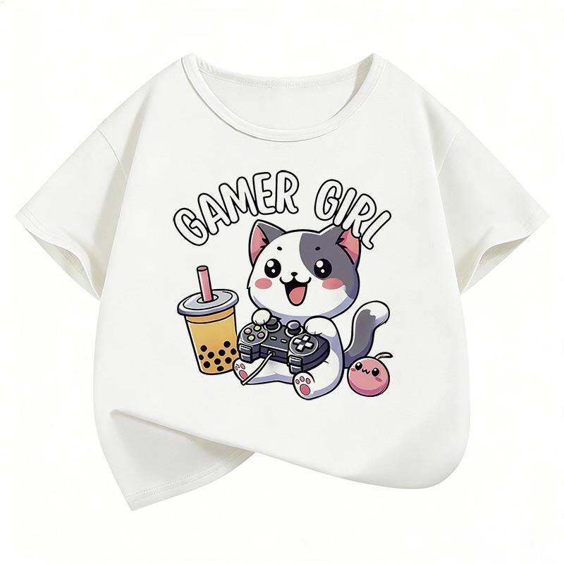 Funny Gamer Girl Cat Print Kids Short Sleeves T-Shirt Loose Casual Summer Outdoor Street Boy and Girl Tees Tops