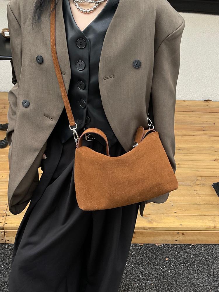 New 2026 velvet bread women's retro frosted cowhide split leather armpit shoulder bag women's handbag fashion crossbody bag