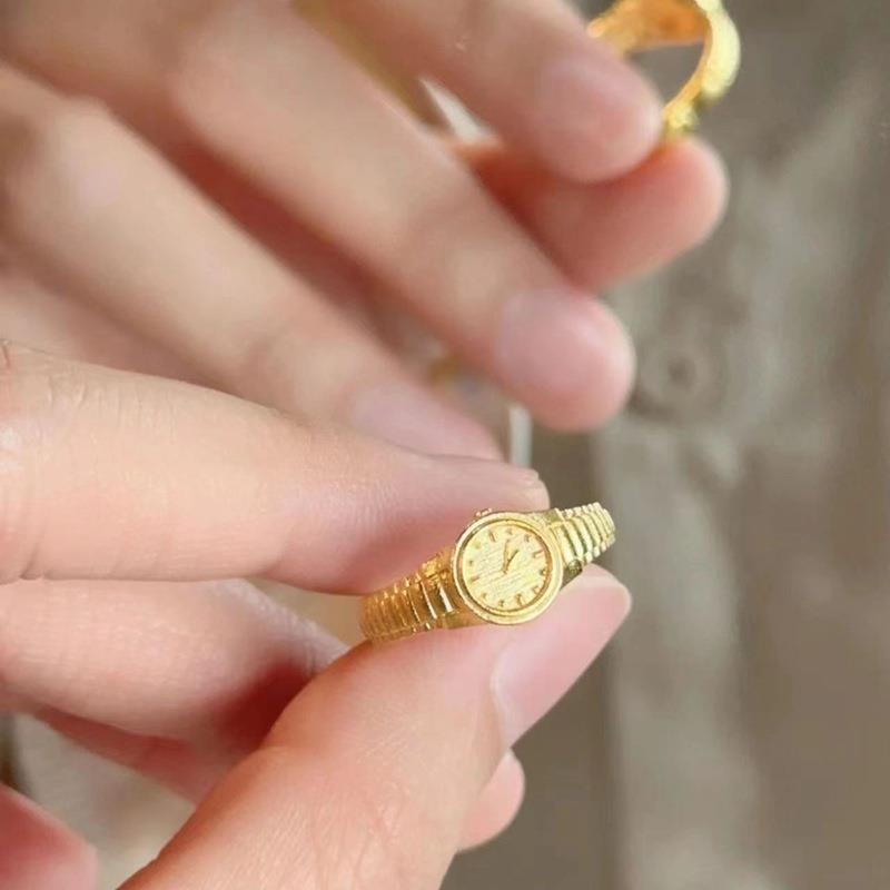 2023 Женское кольцо-часы с открытым регулируемым циферблатом, покрытое 24-каратным золотом, белое