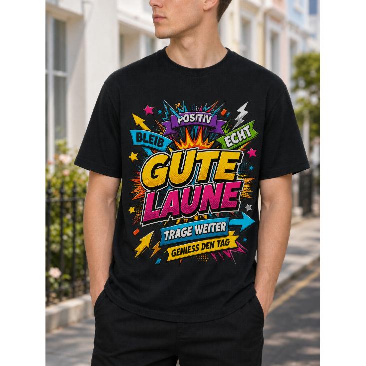 Men's Black Short Sleeve Crew Neck T-Shirt with Vibrant Comic-Style German Graphic Print, Soft Cotton Feel, Relaxed Fit for Casual Daily Wear
