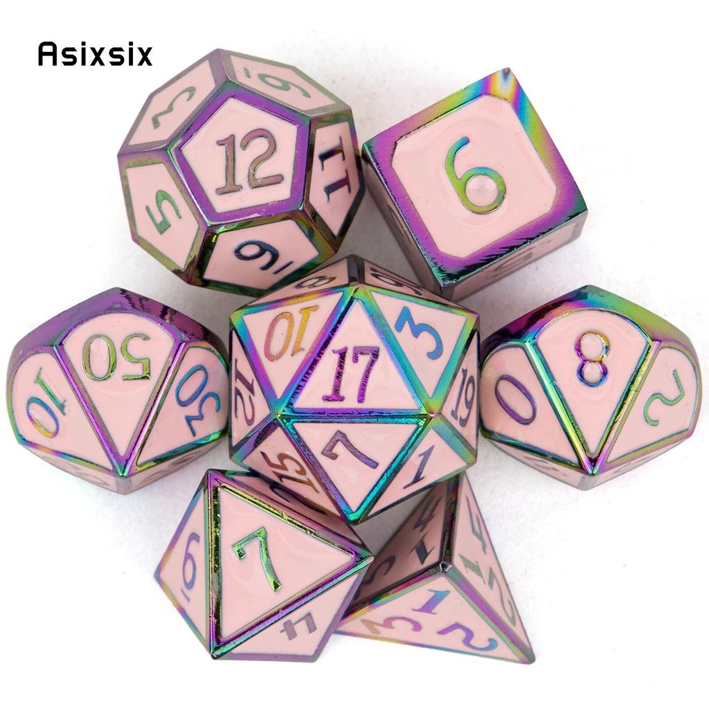 7 Pcs Pink Colorful Standard Metal Dice Solid Metal Polyhedral Dice Set Suitable for Role-Playing RPG  Board Game Card Game