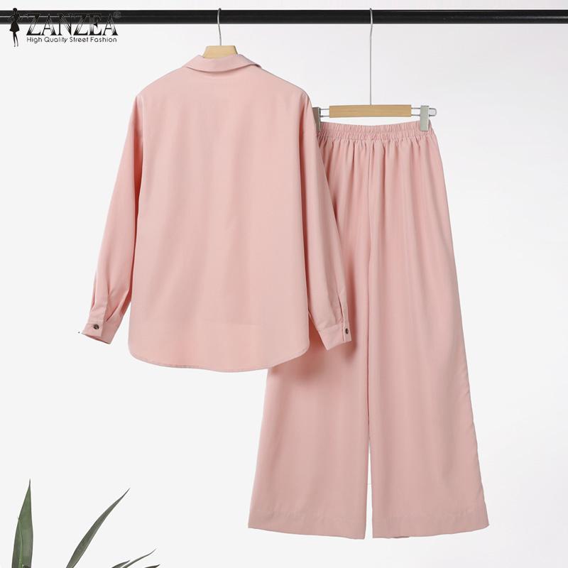 ZANZEA Женские повседневные комплекты из двух предметов: блузка с длинным рукавом и брюки