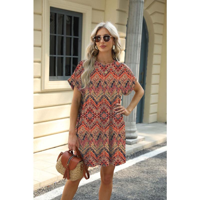 YYFS Женская мода лето весна цветочный узор принт короткий рукав О-образный вырез свободная талия повседневные платья