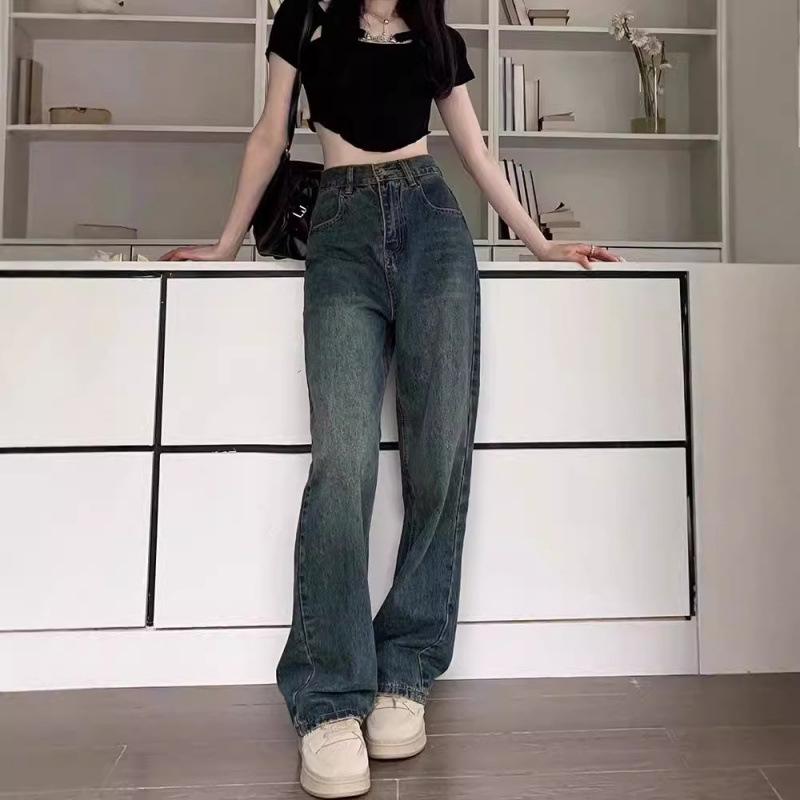 Wide Leg Jeans for Women High Waisted Contrasting Straight Leg Pant Autumn Lady Loose Pants Streetwear