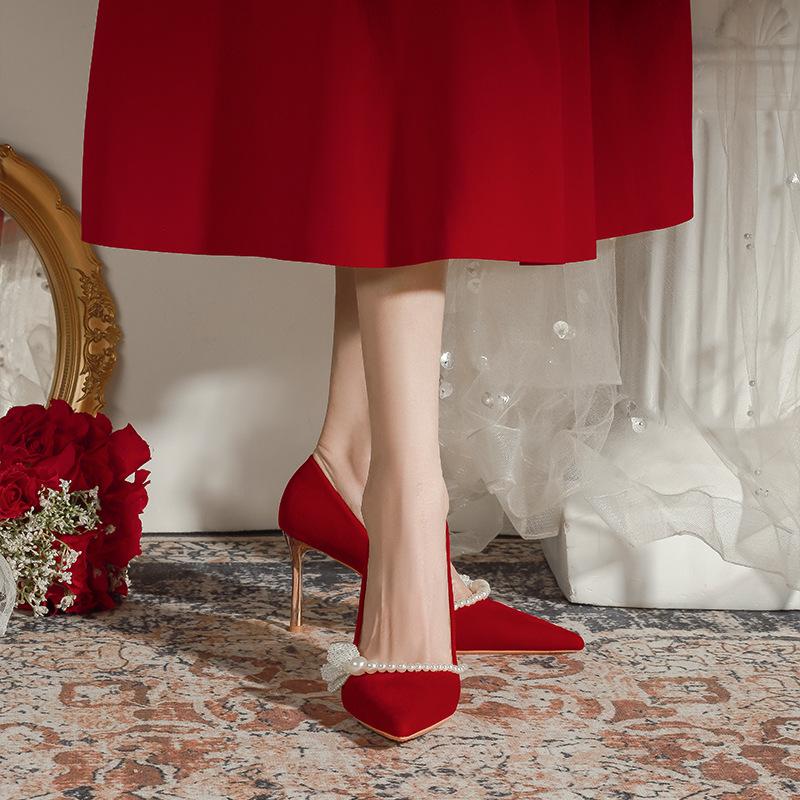 Red Thin Heel Single Shoes Pearl Stiletto Pointed Toe Suede Slip On Silk Women Soft Beaded Pumps Bride Satin High Heels