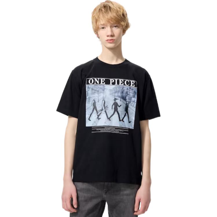 Uniqlo × Коллаборация One Piece SS25 Принт с персонажами Принт с буквами Круглый вырез Повседневная Свободная Короткий рукав Футболка Мужские Футболки Черный 480694-09