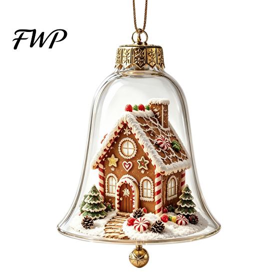 Clear Acrylic Christmas Ornaments 3D Bell Ornament, Winter Scene Decoration with Santa Immersive Wonderland Snowman Reindeer Angel Tree Inside