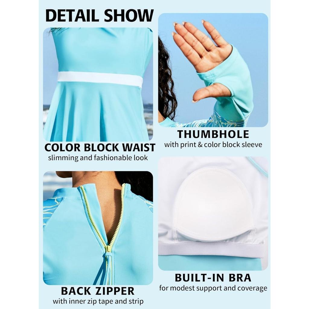 CHARMLEAKS Скромные женские купальники из 2 предметов, платье для плавания с трусами, молния, UPF 50+, рашгард, платье с отверстиями для большого пальца