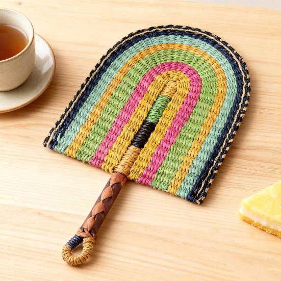 Handmade Straw Weaving Fan Natural Sea Grass Raffia Fan with Long